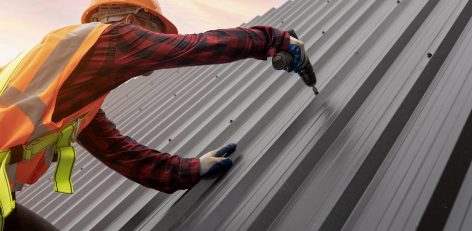 man doing a metal roof instalation